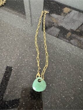 10 K Gold-over SS Link Necklace with Green Stone Pendant